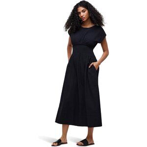 Madewell KAYA Smocked Waist Seersucker Midi Dress linen blend black minimalist